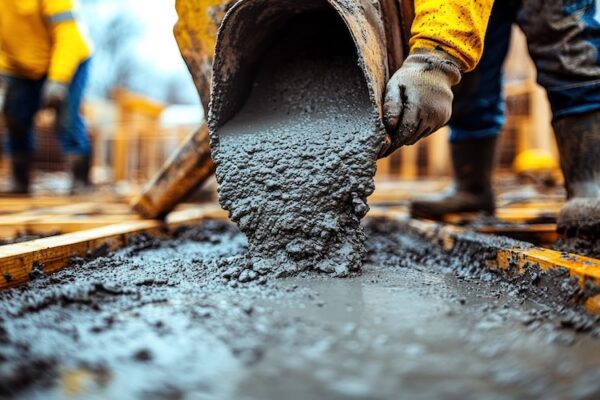 Concrete pouring onto foundation. Workers in yellow safety gear pour wet concrete into a wooden formwork