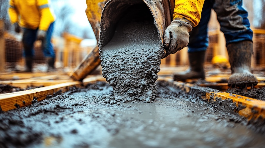 Concrete pouring onto foundation. Workers in yellow safety gear pour wet concrete into a wooden formwork