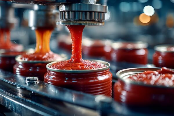 Automated industrial machinery pours vibrant red tomato sauce into metallic cans on a conveyor belt in a food production factory environment..