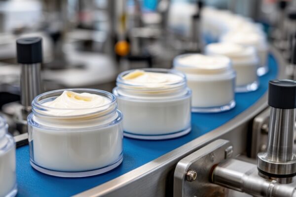 Close-up of uniform jars filled with organic face cream progressing through a high-precision conveyor --chaos 20 --ar 3:2 --profile 6wvx22l --v 7 Job ID: 0f785fda-bacf-4f1d-af6c-b94b70ed72ba