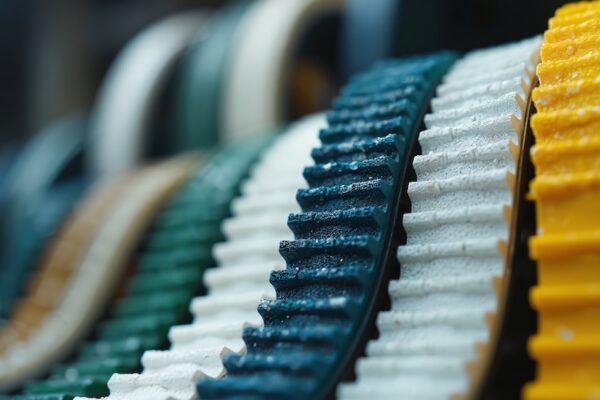 Close-up view of colorful toothed belts used in industrial machinery. Conveyor belts in blue, white, yellow, green hues arranged in row. Components show wear tear from ongoing use. Mechanical parts